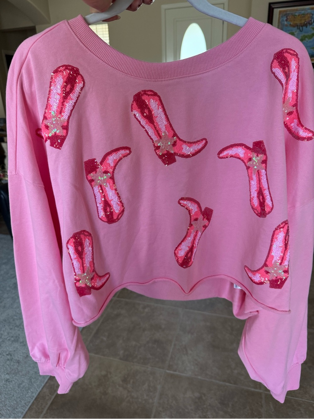 Pink Lily Pink Sequin Cowboy Boot Sweatshirt